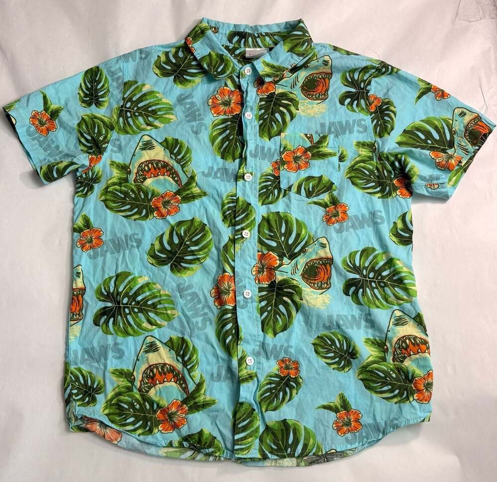 JAWS Shark Tropical Floral All-Over Print Button Dwn Shirt youth xl